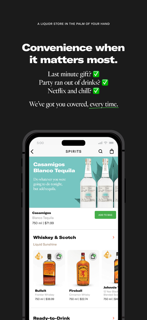 Saucey: Alcohol Delivery - Pantalla de la aplicación móvil Saucey mostrando una selección de tequila y whisky para entrega a pedido