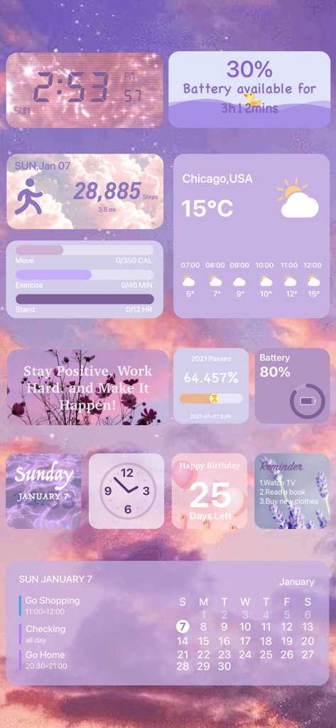 Best Widgets 18 - Icon Changer - Eine Sammlung ästhetischer lila iOS-Widgets, einschließlich Uhr-, Wetter-, Akku- und Gesundheitstrackern