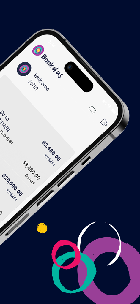 Bank of us - iPhone screen displaying the Bank of us mobile app dashboard with account balances and user welcome message