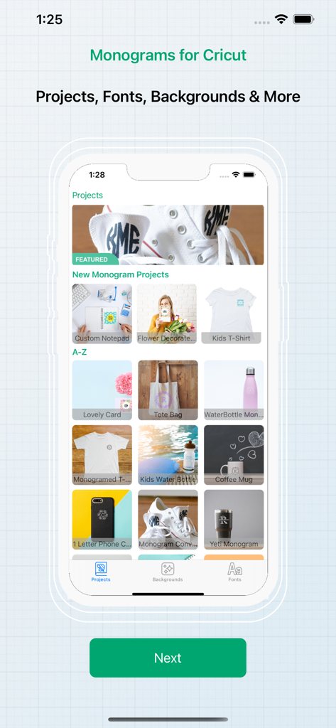 Monograms for Cricut - Screenshot of the Monograms for Cricut app showing various personalized DIY project ideas like monogrammed tote bags coffee mugs and shoes