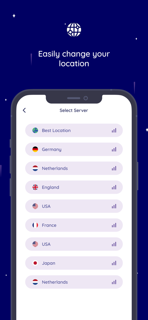 게이밍 VPN 앱에서 국제 서버 위치 목록을 표시하는 스마트폰 화면