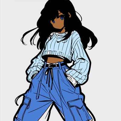 anime teen girl with baggy pants and crop top with sweater