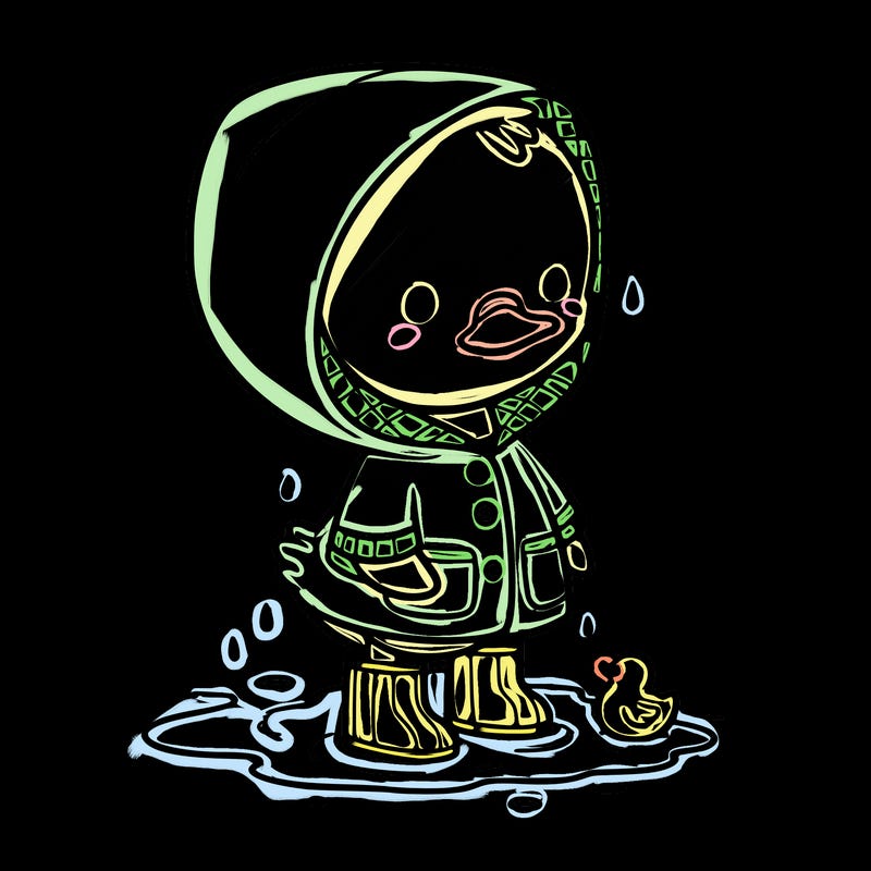 baby duck in a rain coat and boots, in a puddle while it’s raining