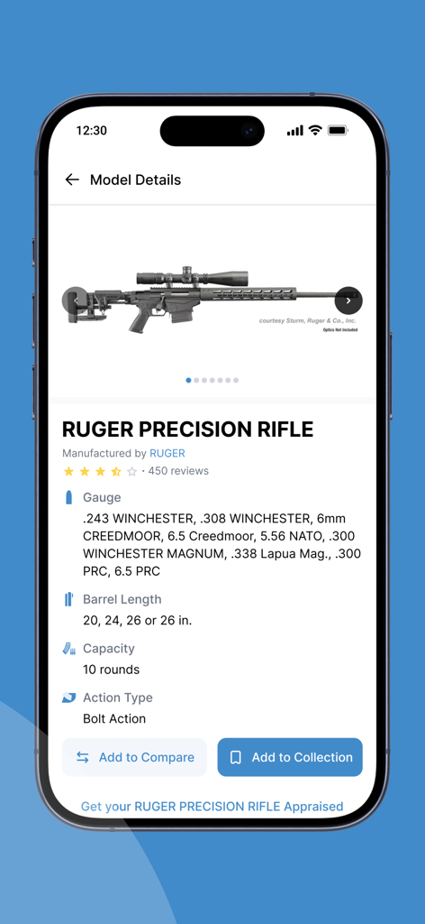 Mobile app screen showing technical specifications and appraisal options for a Ruger Precision Rifle