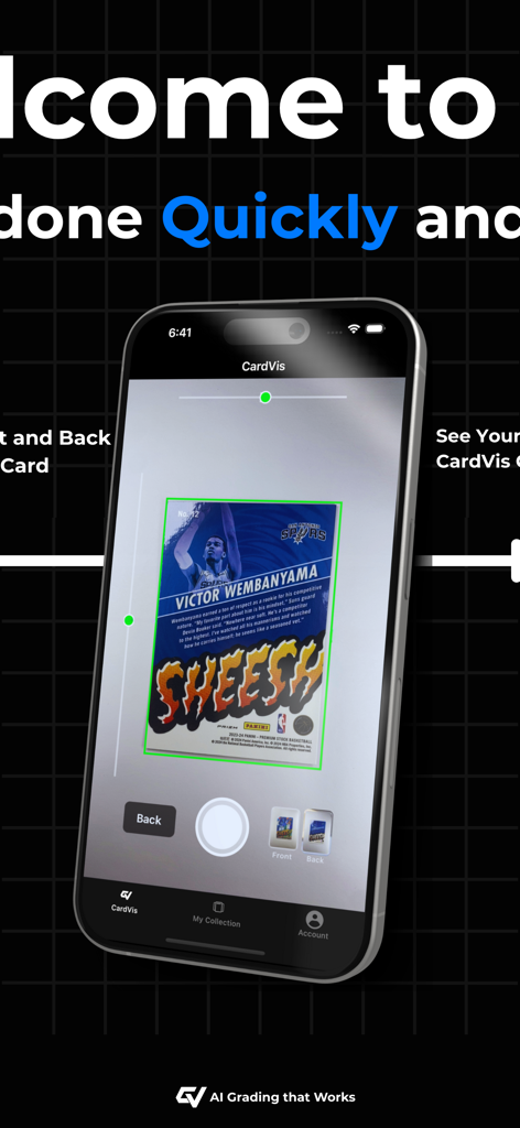 CardVis - Sports & TCG Grading - Smartphone interface of CardVis app scanning a basketball card for AI grading