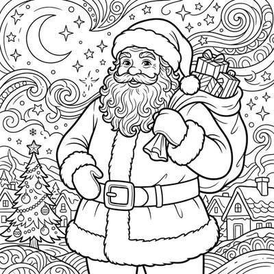 Embark on a magical journey with this enchanting Santa Claus coloring page set against a wondrous night sky. Bring the iconic red suit, a sack full of presents, and a twinkling Christmas village to life with your artistic touch.