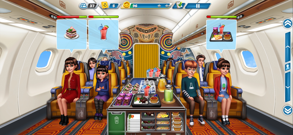 Serving food and drinks to passengers in an airplane cabin in the Airplane Chefs cooking game.