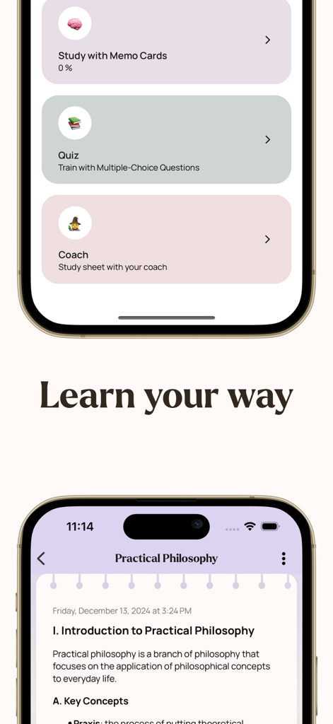 Quiztr - Revision Sheets - Interfaccia dell'app Quiztr che mostra diverse opzioni di studio come memo card e quiz insieme a una scheda di ripasso di filosofia