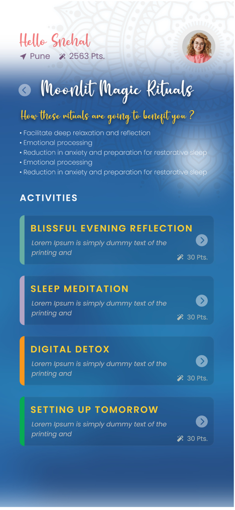 Good Vibes Within - Screenshot of the Good Vibes Within app displaying Moonlit Magic Rituals including sleep meditation and digital detox activities