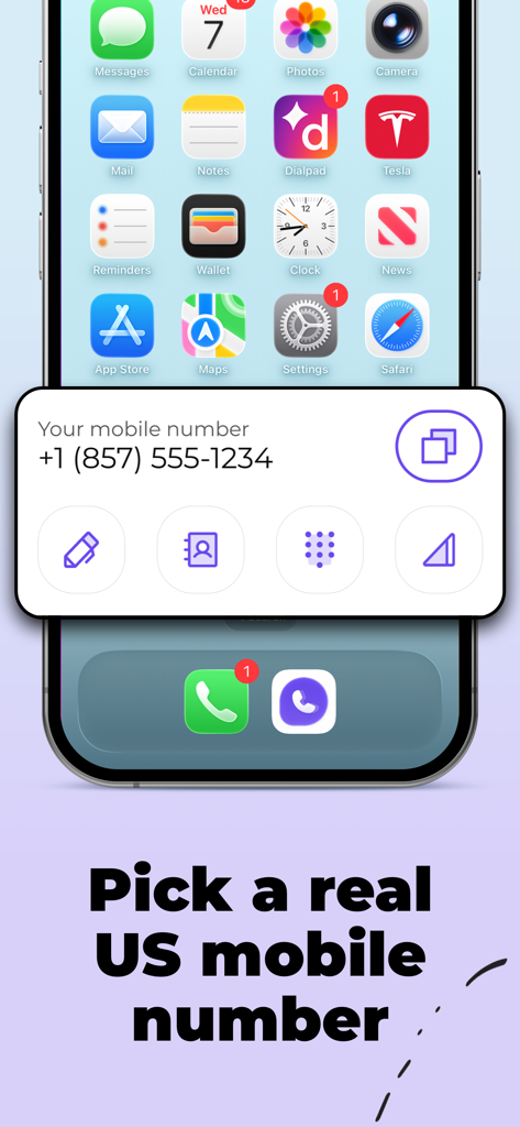 Smartphone screen showing the SLYNUMBER app interface to pick a real US mobile number