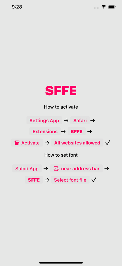 Instructions on how to activate the SFFE extension in Safari settings and select a custom font file.
