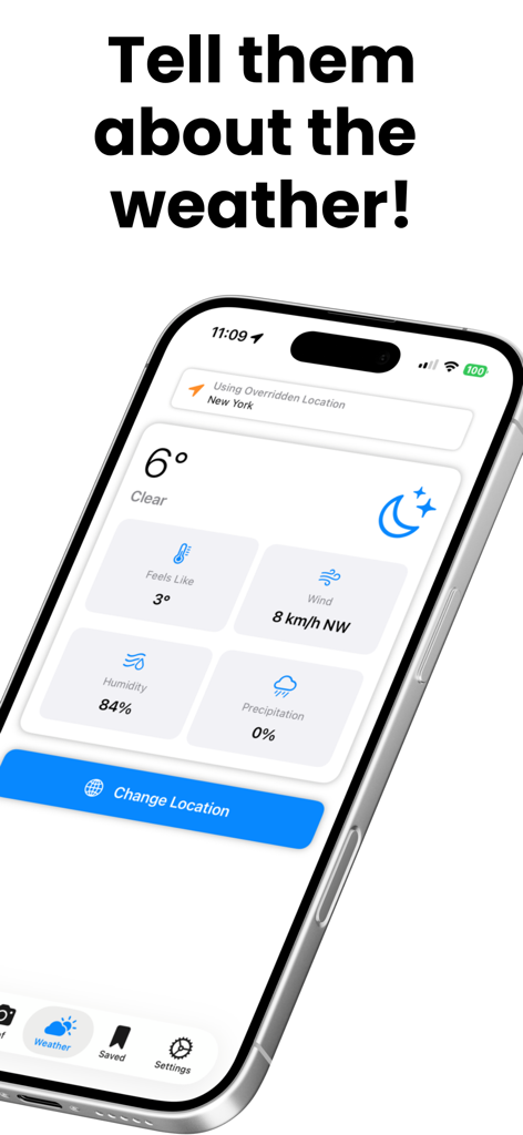 위치 변경 앱 인터페이스에 뉴욕의 재정의된 위치에 대한 날씨 조건이 표시됩니다.