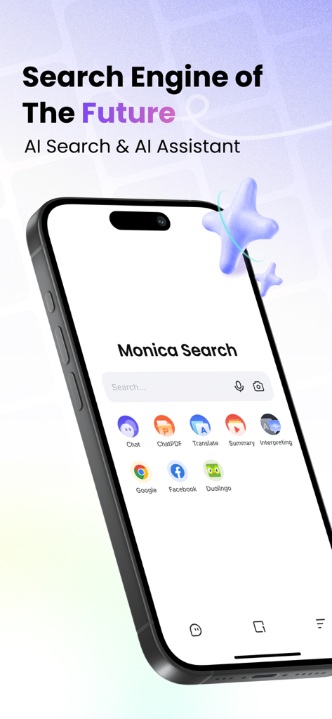 Tela inicial do aplicativo Monica AI Search em um celular exibindo ferramentas para chat de IA, resumos de PDF e tradução