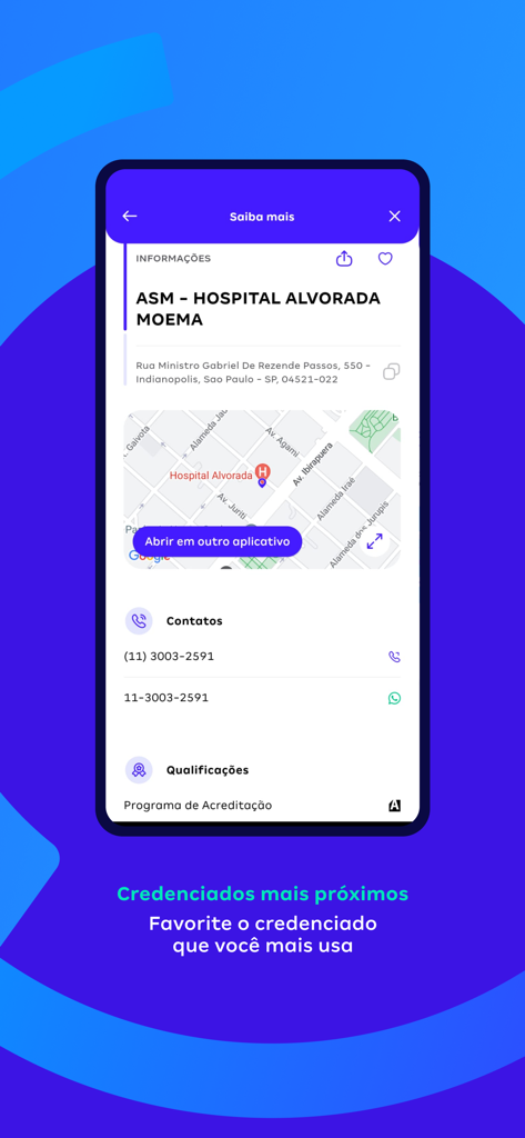 Amil Clientes app screen showing Hospital Alvorada Moema location map and contacts
