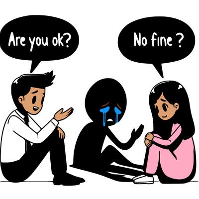 2 people talking 1 asks are you ok the other says im fine while having a shadow crying