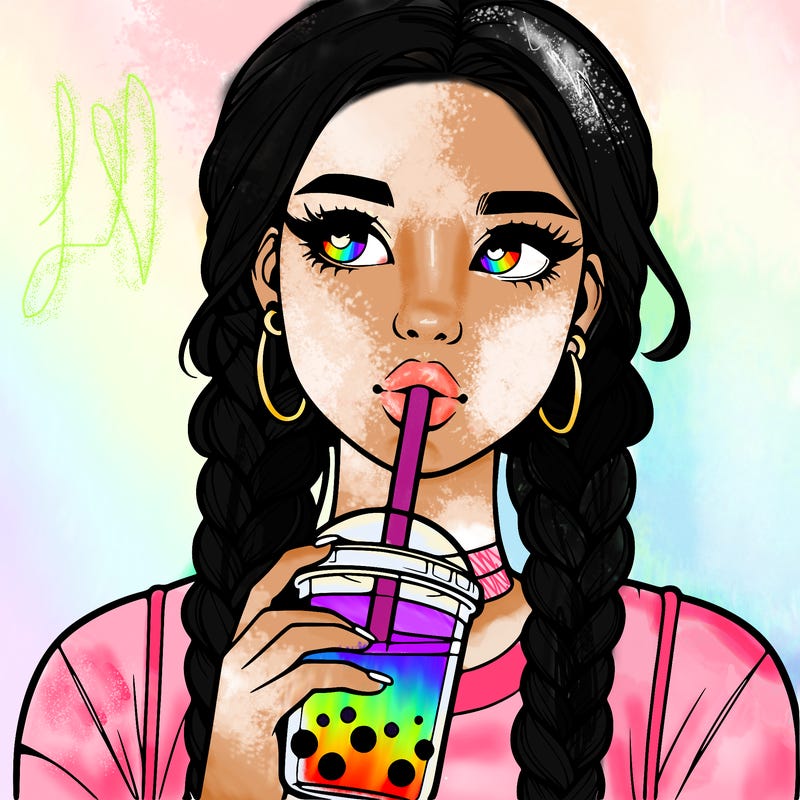 realistic girl with braided hair drinking boba