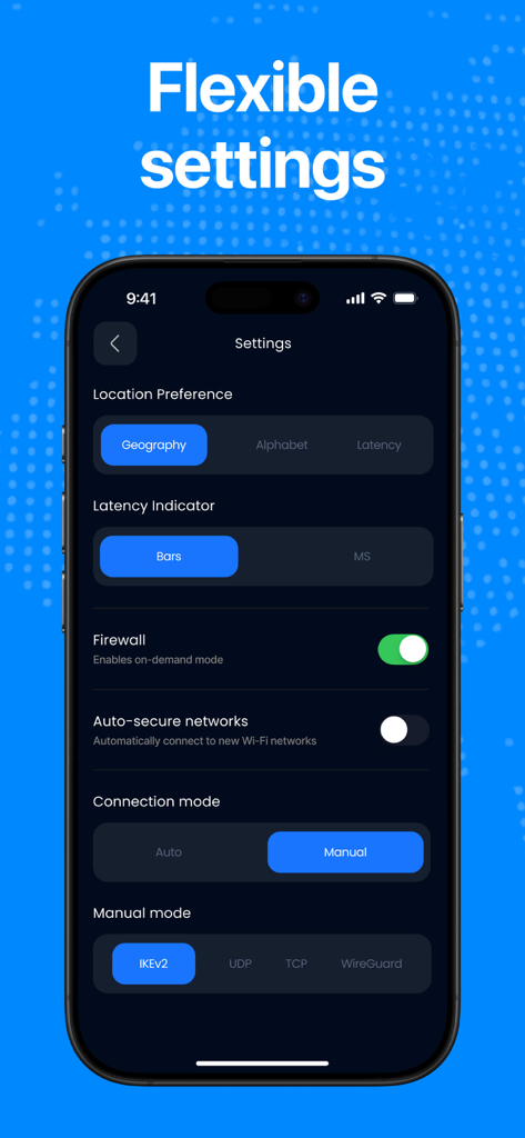 Tela de configurações do aplicativo VPN Segura e Rápida mostrando modos de conexão e opções de protocolo de segurança.