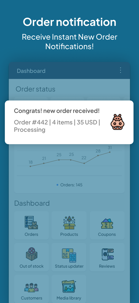 Hippoo App-Oberfläche zeigt eine Echtzeit-Benachrichtigung über eine neue Bestellung im Shop-Dashboard an.
