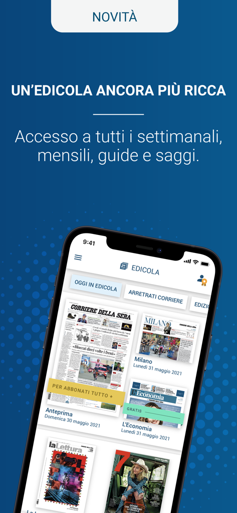 O aplicativo Corriere della Sera Edicola mostrando jornais e revistas digitais em um smartphone.
