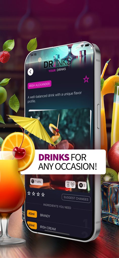 dr.inks mobile app interface showing an Irish Alexander cocktail recipe with ingredients and preparation time