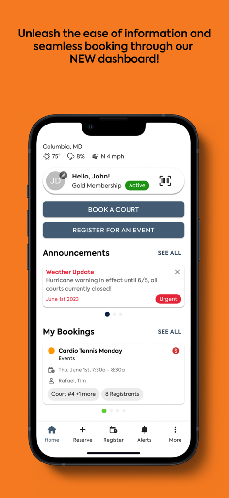 Dill Dinkers Indoor Pickleball - Interface of the Dill Dinkers Indoor Pickleball app dashboard showing court booking options and user membership status.