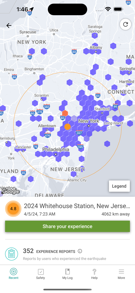 MyShake Earthquake Alerts - Interface of the MyShake app showing an earthquake map near New Jersey with a 4.8 magnitude event and citizen experience reports.