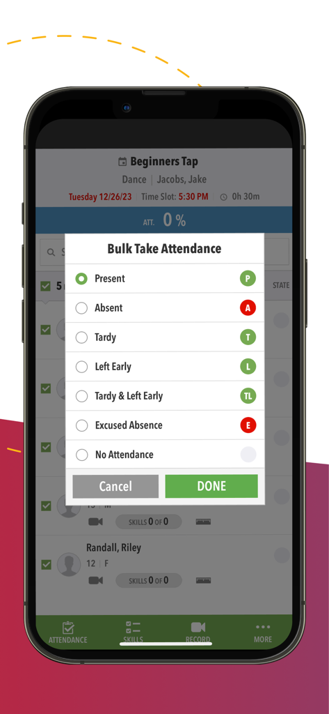 SportsEngine Motion - SportsEngine Motion app showing a bulk attendance tracking menu for a youth sports class