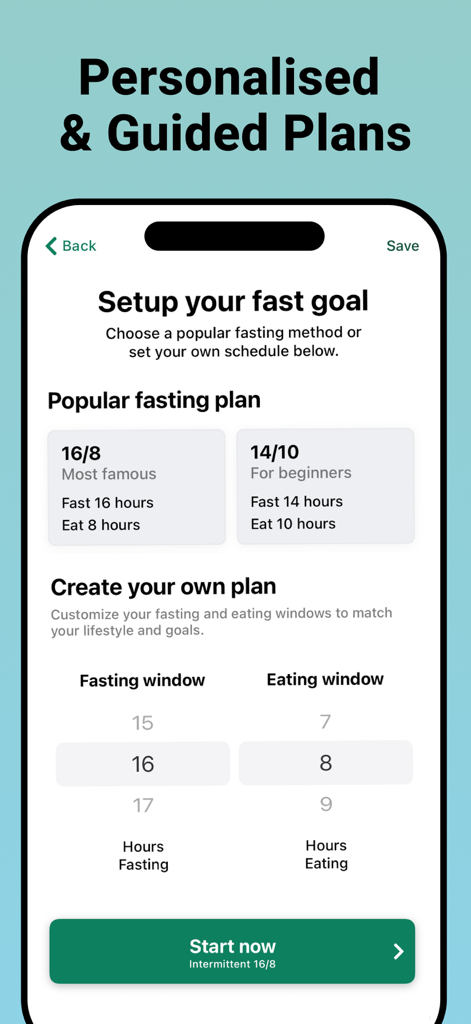 Interfaz de la aplicación Suavita que muestra planes de ayuno personalizados y una pantalla de configuración de ventana de ayuno personalizada.