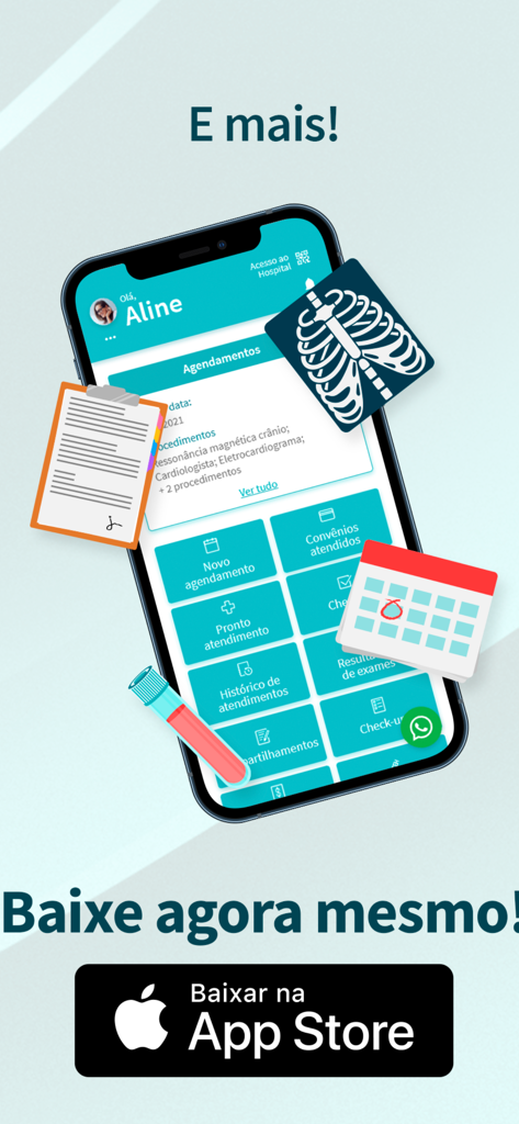 Meu Oswaldo Cruz - Interface of the Meu Oswaldo Cruz app showing medical services and appointment management on a smartphone.