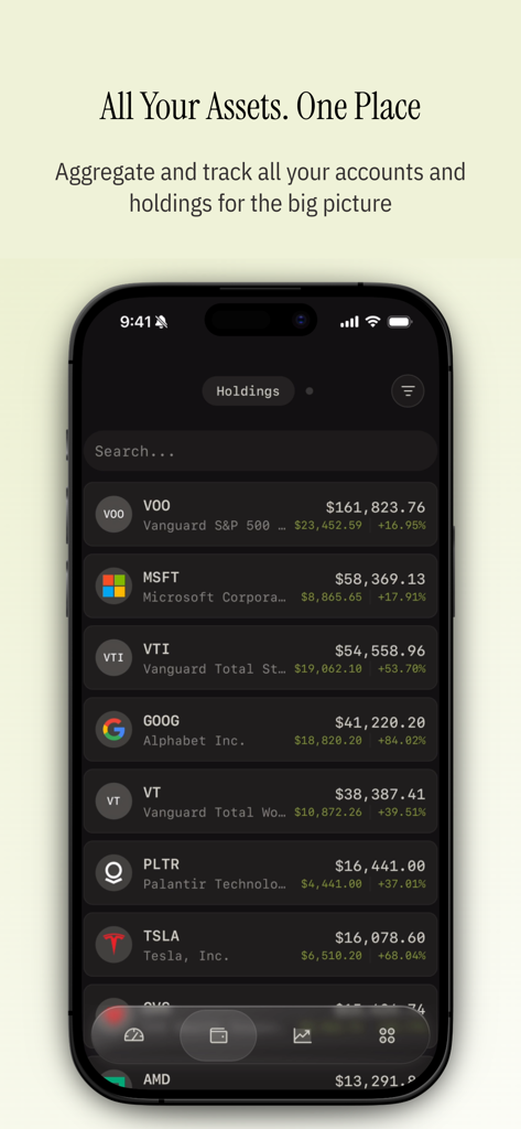 Wealthfolio: Private Finance - Interface do painel do aplicativo móvel Wealthfolio mostrando uma lista de participações de investimento e seus valores atuais.