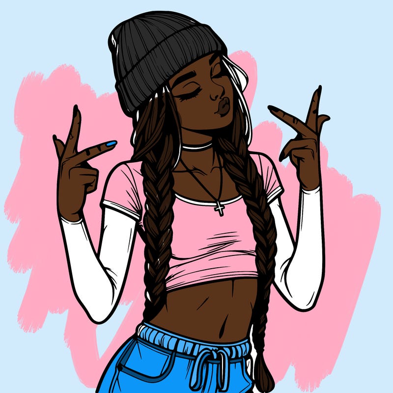 realistic teenage girl with braids and a beanie and crop top doing 🫶🏼