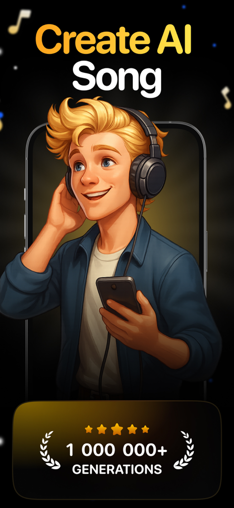 AI Music & Song Maker - Solo - Illustration of a young man with headphones using the Solo AI Music app to create songs