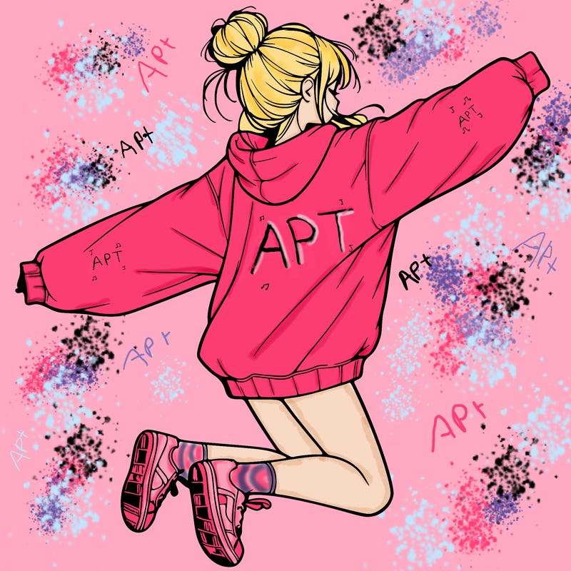 realistic girl jumping with a bun and oversized sweatshirt