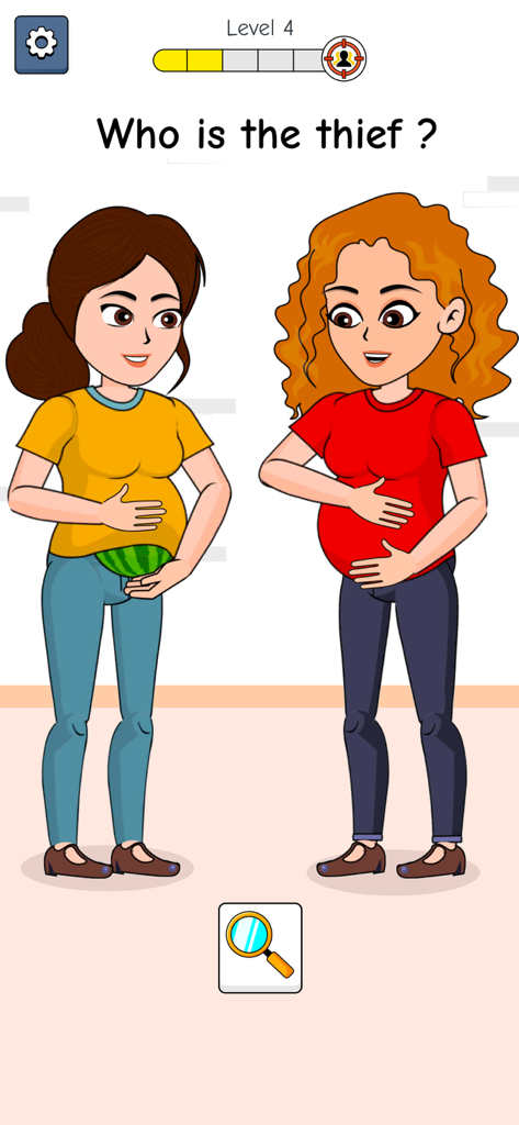 Puzzle screen from Detective IQ 2 showing two women with the question Who is the thief