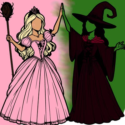 detailed realistic split of a princess and a witch