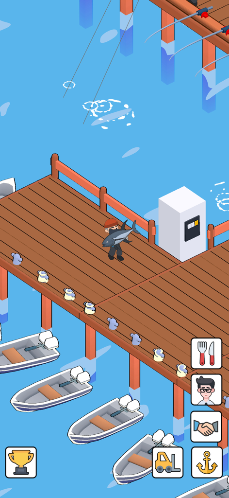 My Fishing Market  Idle Empire - Personaje sosteniendo un pez grande en un muelle de madera con barcos de pesca en un juego de simulación inactivo