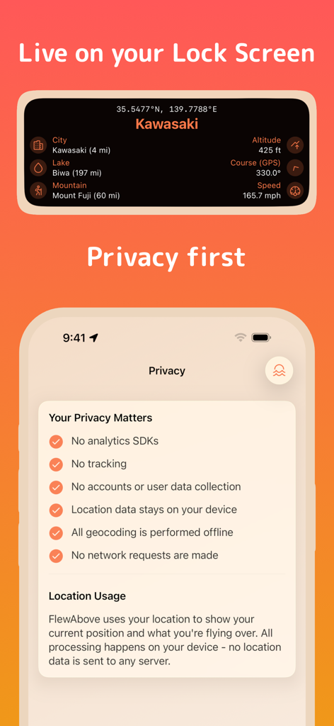 FlewAbove - FlewAbove app screenshot showing a flight status widget for the lock screen and a list of privacy features