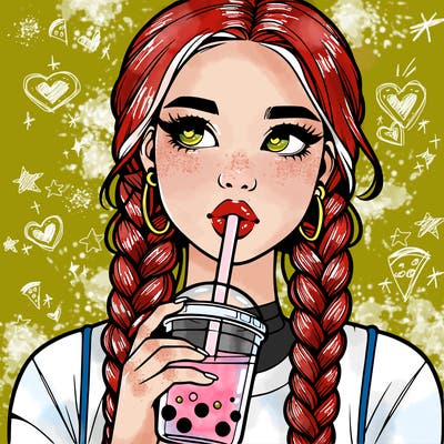 realistic girl with braided hair drinking boba