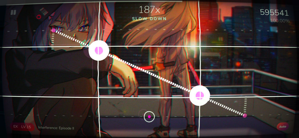 Scanner style rhythm gameplay in Cytoid featuring anime characters and a cyberpunk city background