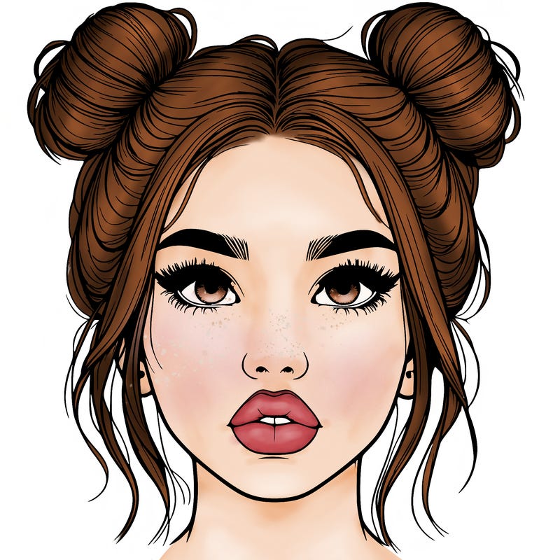 realistic girl with two buns on her hair and lips