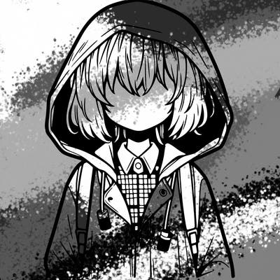 little anime girl in a raincoat her hair is covering her eyes she has a lighter