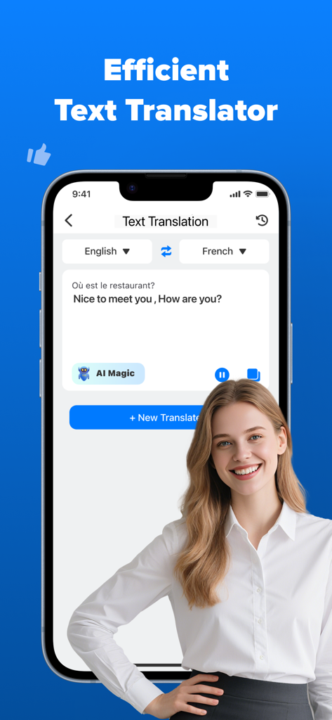 Mobile screen showing the efficient text translation feature of the AI Translator app with a professional woman.