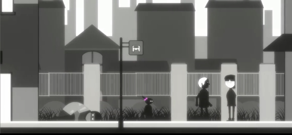 Virago: Herstory - A grayscale 2D scene from Virago Herstory featuring silhouette characters and a bus stop in a bizarre town.