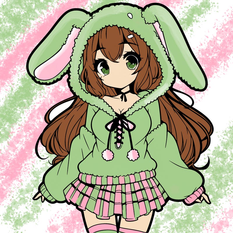 pretty anime girl wearing a fluffy hoodie with bunny ears on the hood and a skirt