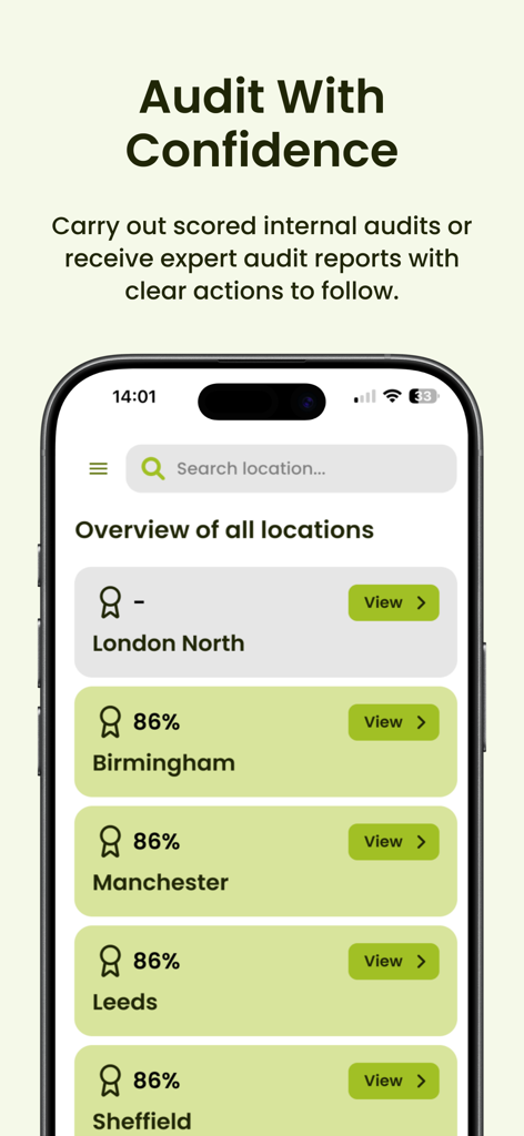 Food Safety Guru - Mobile app dashboard showing audit scores for multiple restaurant locations