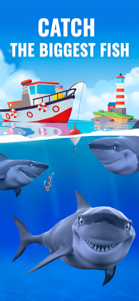 Idle Fish 2: Fishing Tycoon - A red fishing boat on the water above three large sharks with the text Catch the Biggest Fish