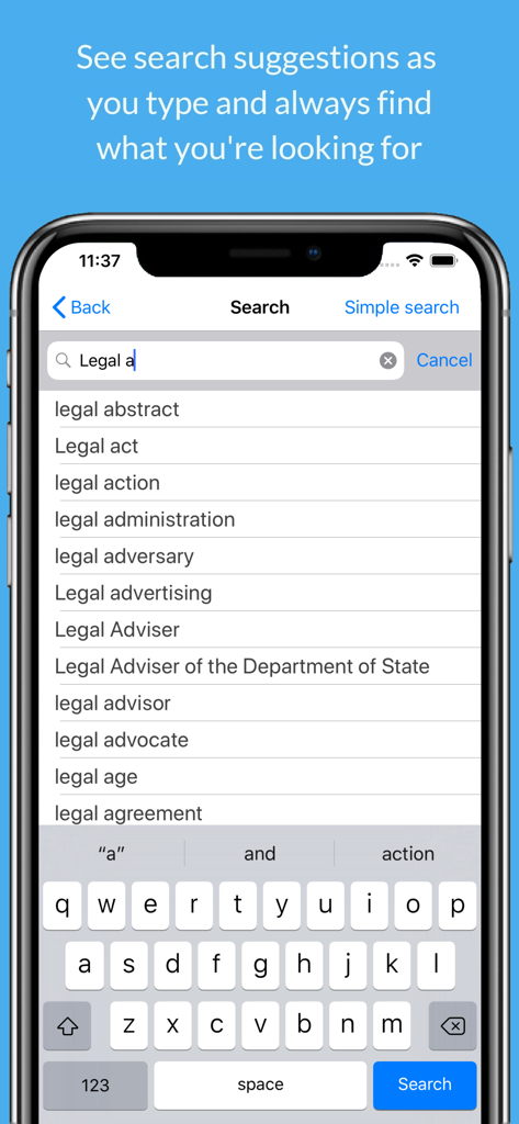 Search screen of the Legal Dictionary app displaying automated search suggestions for legal terms.