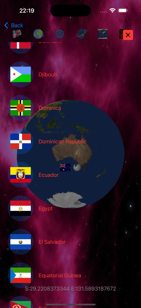 Earth 3D Globe - World Map - Globe 3D interactif montrant l'Australie avec une liste latérale des drapeaux des pays du monde