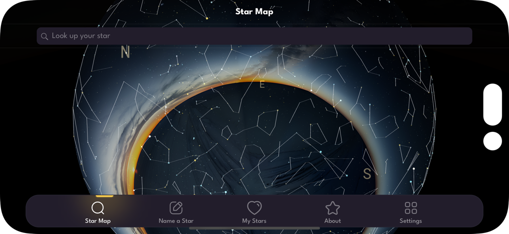 Celestial star map screen with constellations and search bar in the Name Star Register app