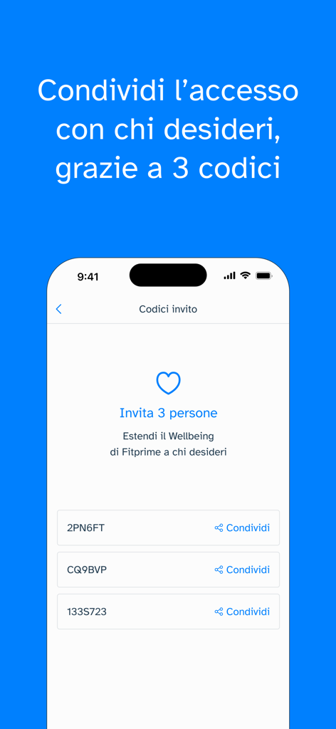 A mobile app screen titled invitation codes showing three shareable referral codes for the Fitprime wellness platform